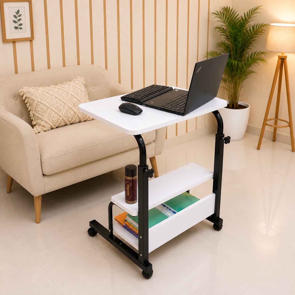 Double Layer Adjustable Table White With Black Stand